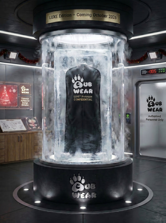 Cubwear LUXE™ Christmas pyjamas prototype frozen inside the secret Cubwear Design Chamber ahead of the October 2026 launch.
