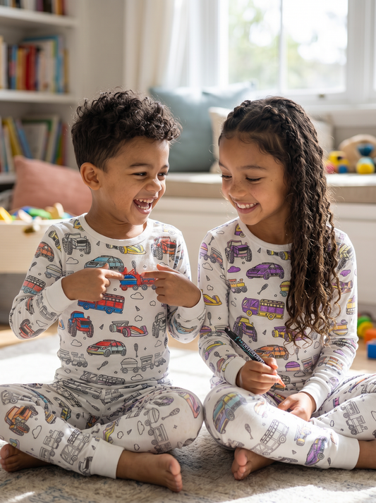 Child colouring in animal-themed pyjamas at home using fabric pens, creating their own personalised kids colouring pyjama design.