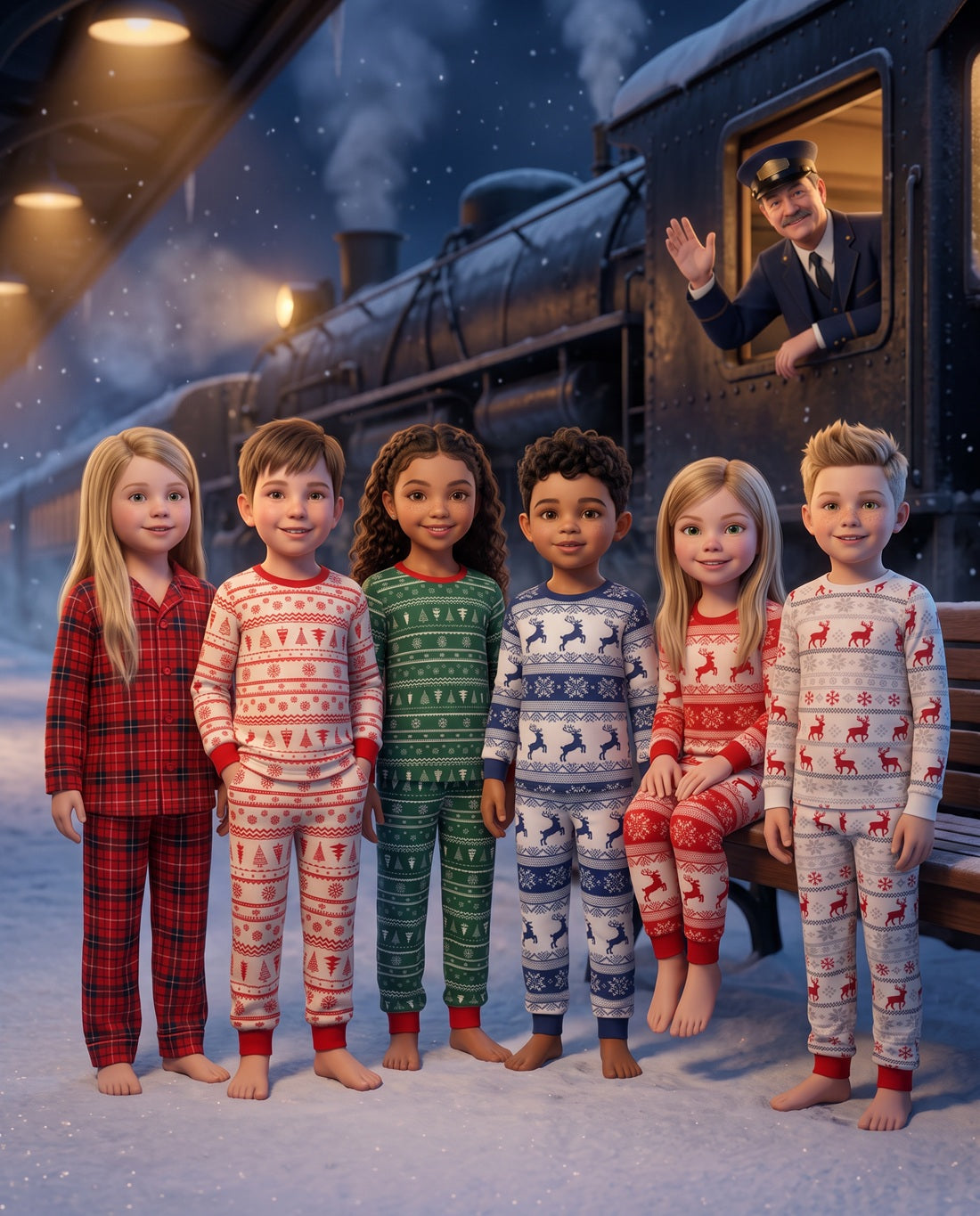Family Matching Christmas Pyjamas ready for the Polar Express Journey