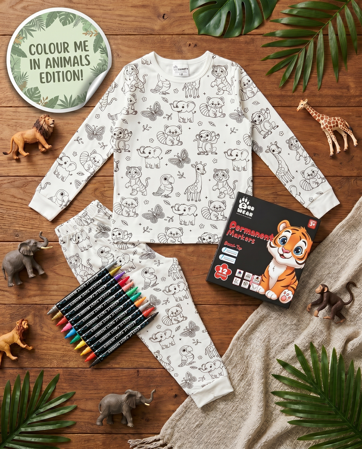 Animal Colouring Pyjama set with washable fabric pens and gift packaging