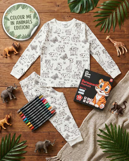 Animal Colouring Pyjama set with washable fabric pens and gift packaging