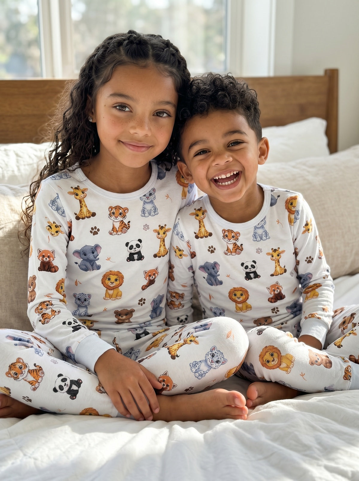 Brother and sister wearing matching white animal print pyjamas sitting together on a bed