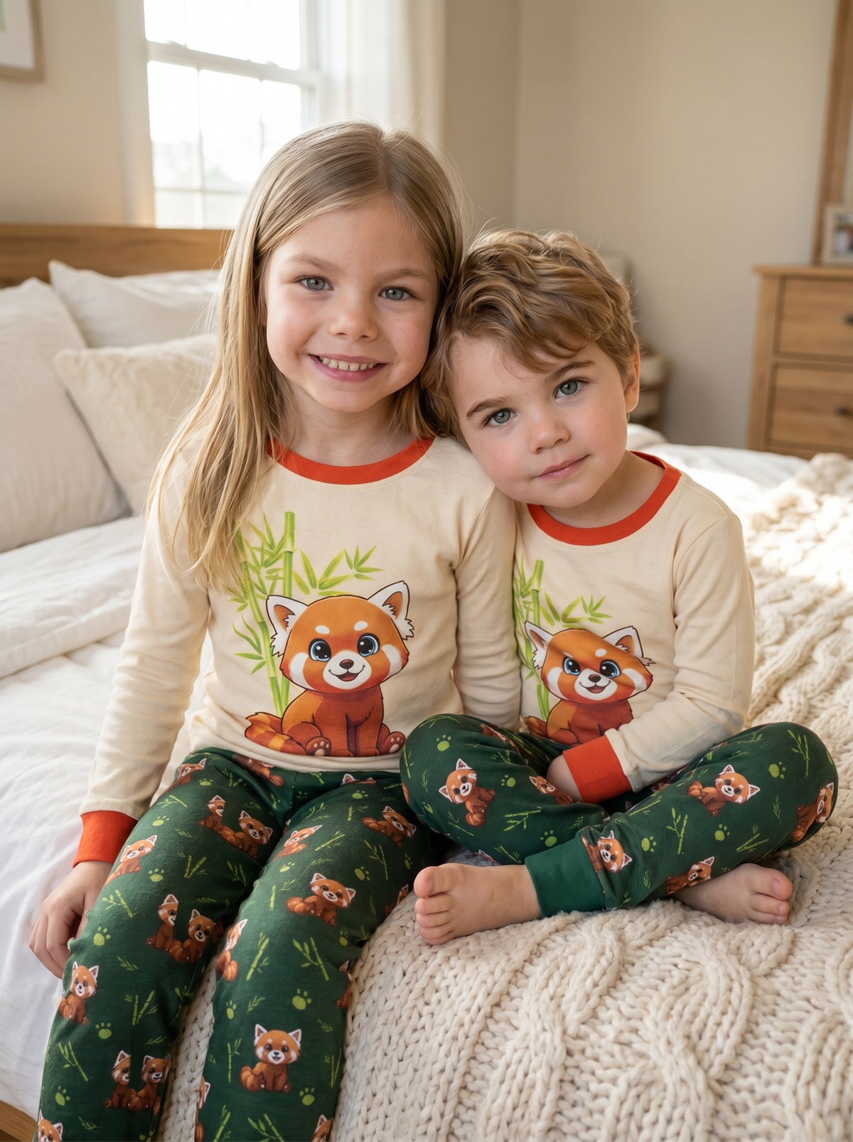 Brother and sister wearing matching Red Panda cotton pyjamas sitting together on a bed