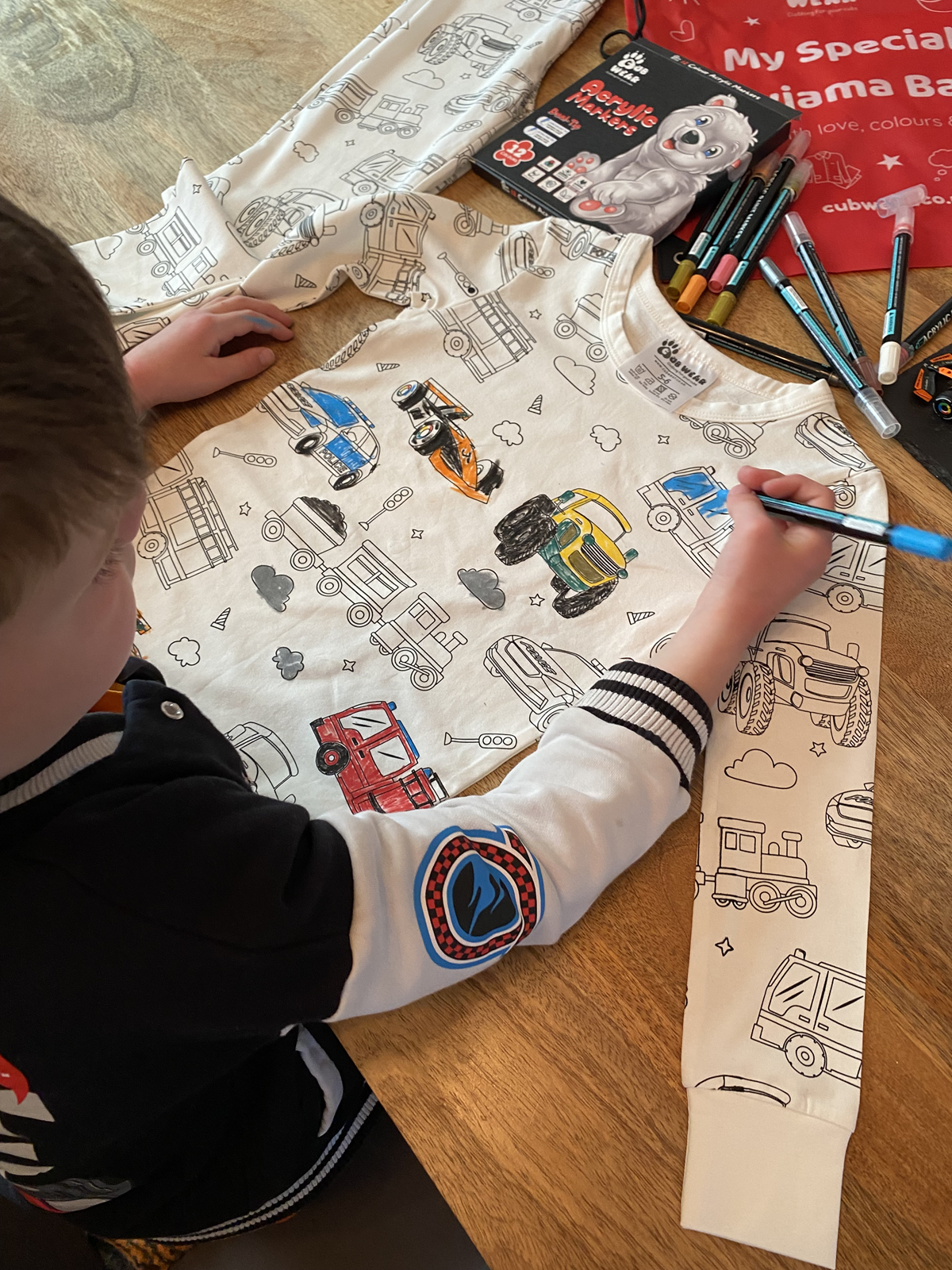 Child colouring Vehicle Colouring Pyjamas with included washable fabric pens