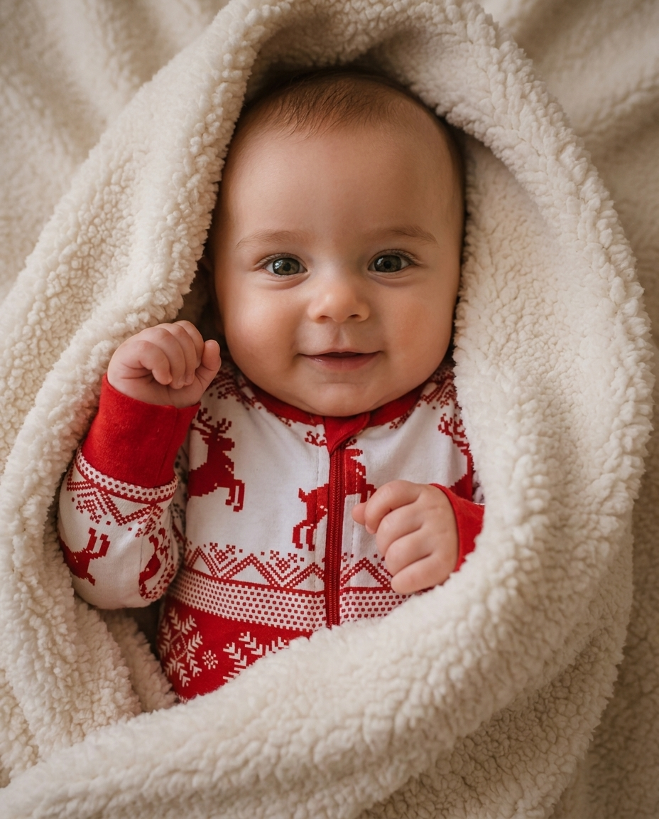 Cute baby boy in red Fair Isle Christmas romper by Cubwear sitting beside Christmas tree during festive holiday season.