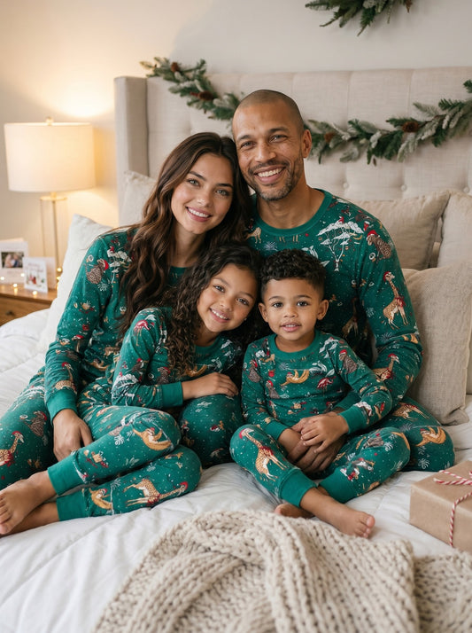 Family matching green jungle Christmas pyjamas sitting together on a cosy bed during the festive season.