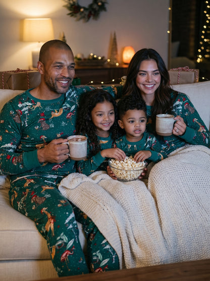 Family wearing matching jungle Christmas pyjamas enjoying a Christmas movie together in the living room