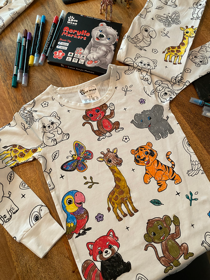 Finished Animal Colouring Pyjamas showing colourful hand-coloured animal designs