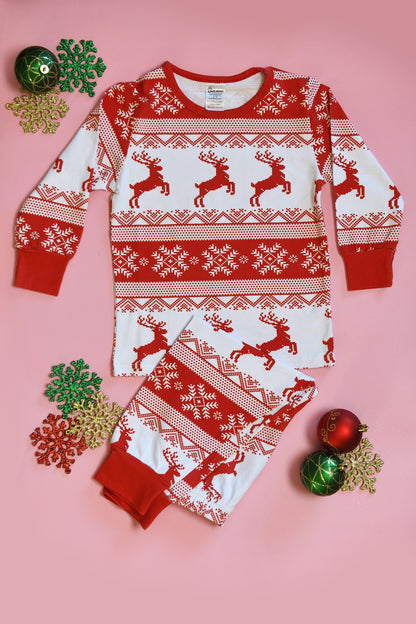Cubwear Red Fair Isle Christmas pyjamas for children styled for cosy winter family celebrations.