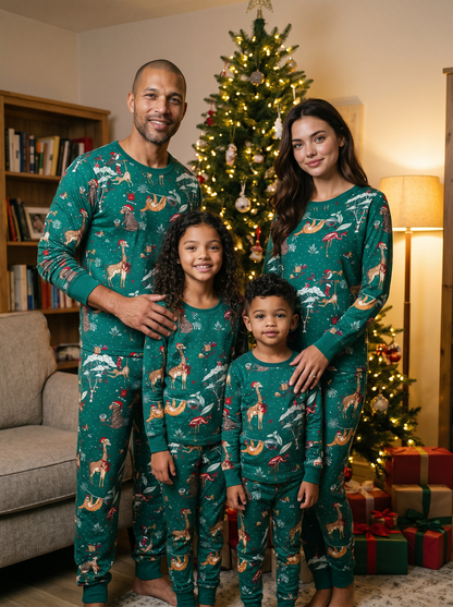 Family matching jungle Christmas pyjamas standing beside a decorated Christmas tree.