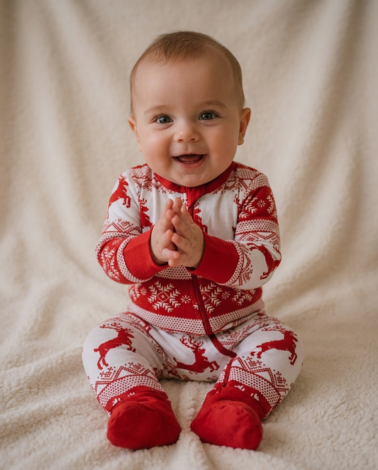 Baby boy wearing Cubwear Fair Isle Christmas romper in soft premium cotton for cosy festive family matching moments.