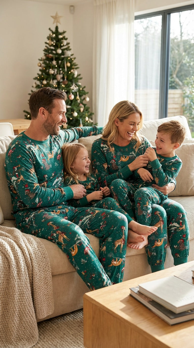 Green jungle Christmas pyjamas for families featuring tropical animals and festive holiday print.