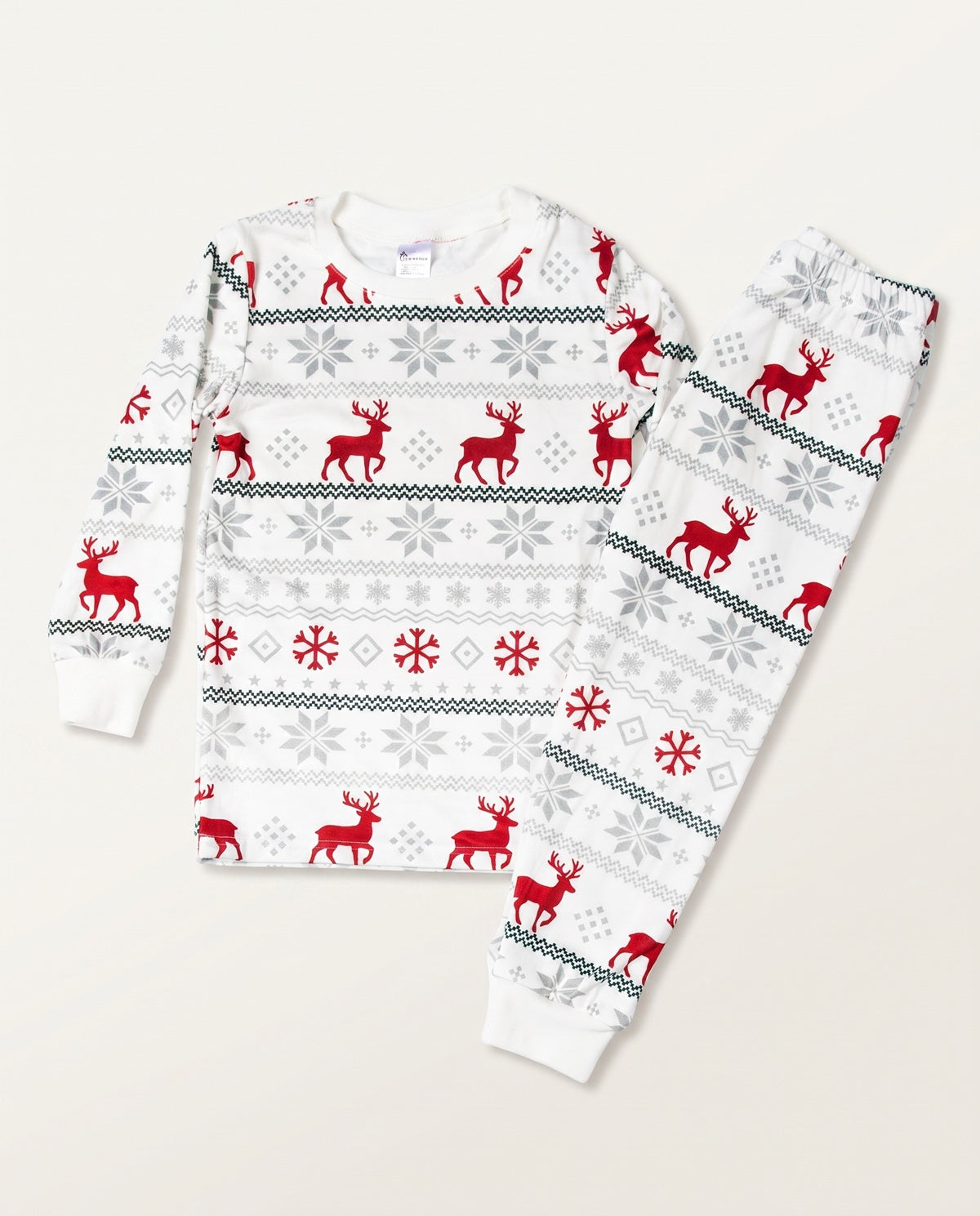A two-piece holiday pajama set featuring a long-sleeve top and matching pants with a festive Nordic pattern of red reindeer, gray snowflakes, and red snowflakes on a white background.