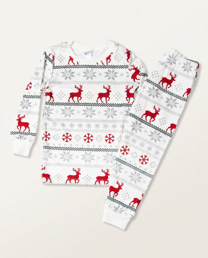 A two-piece holiday pajama set featuring a long-sleeve top and matching pants with a festive Nordic pattern of red reindeer, gray snowflakes, and red snowflakes on a white background.