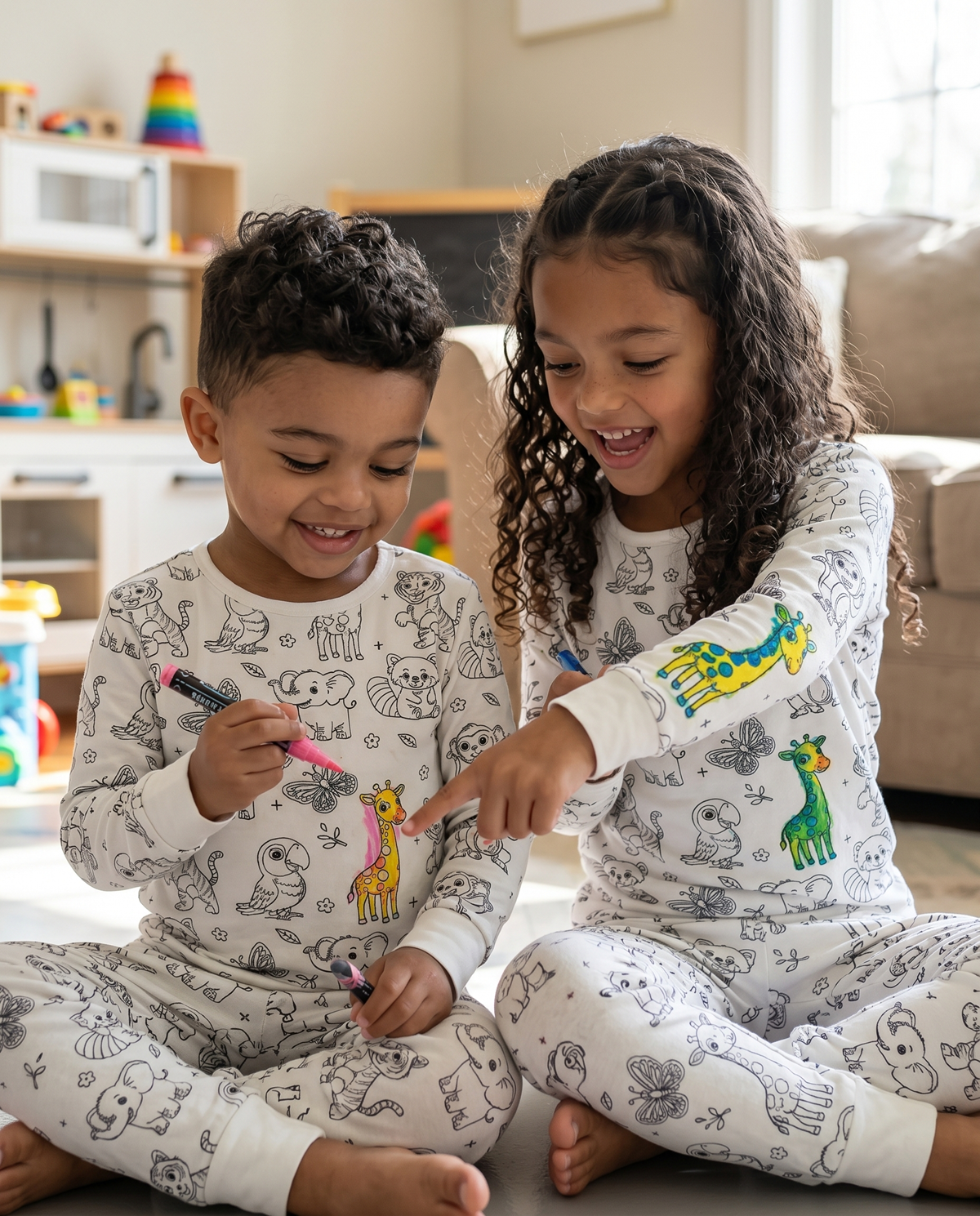 Children enjoying colouring their Animal Colouring Pyjamas together at home
