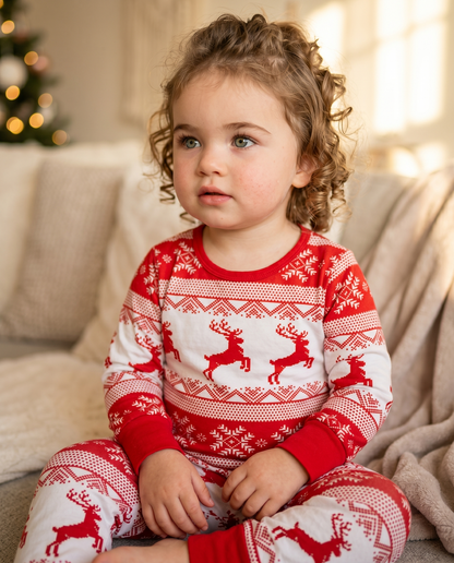 Family matching red Christmas pyjamas by Cubwear with cosy Fair Isle festive winter pattern.