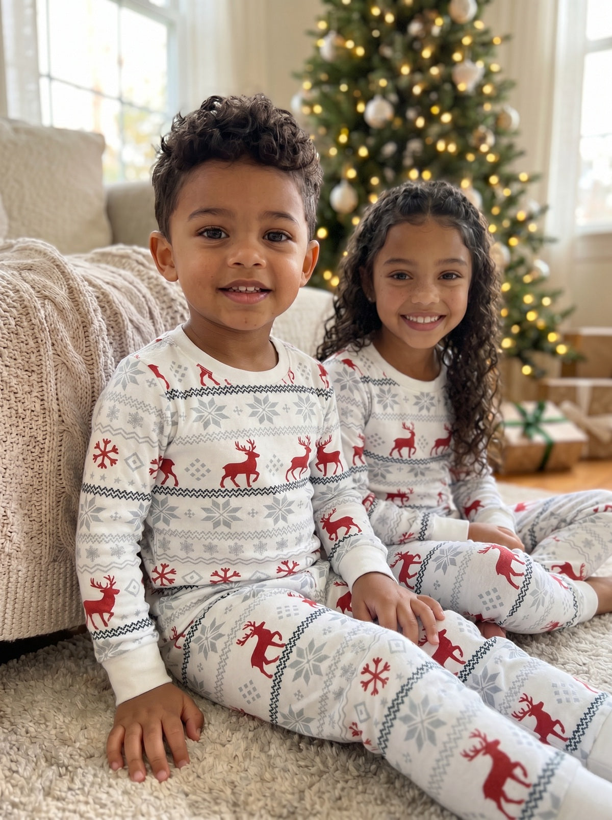 Two children wearing matching white holiday pajamas with red reindeer and gray snowflake patterns, sitting on a carpeted floor in front of a decorated Christmas tree.