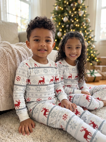 Two children wearing matching white holiday pajamas with red reindeer and gray snowflake patterns, sitting on a carpeted floor in front of a decorated Christmas tree.