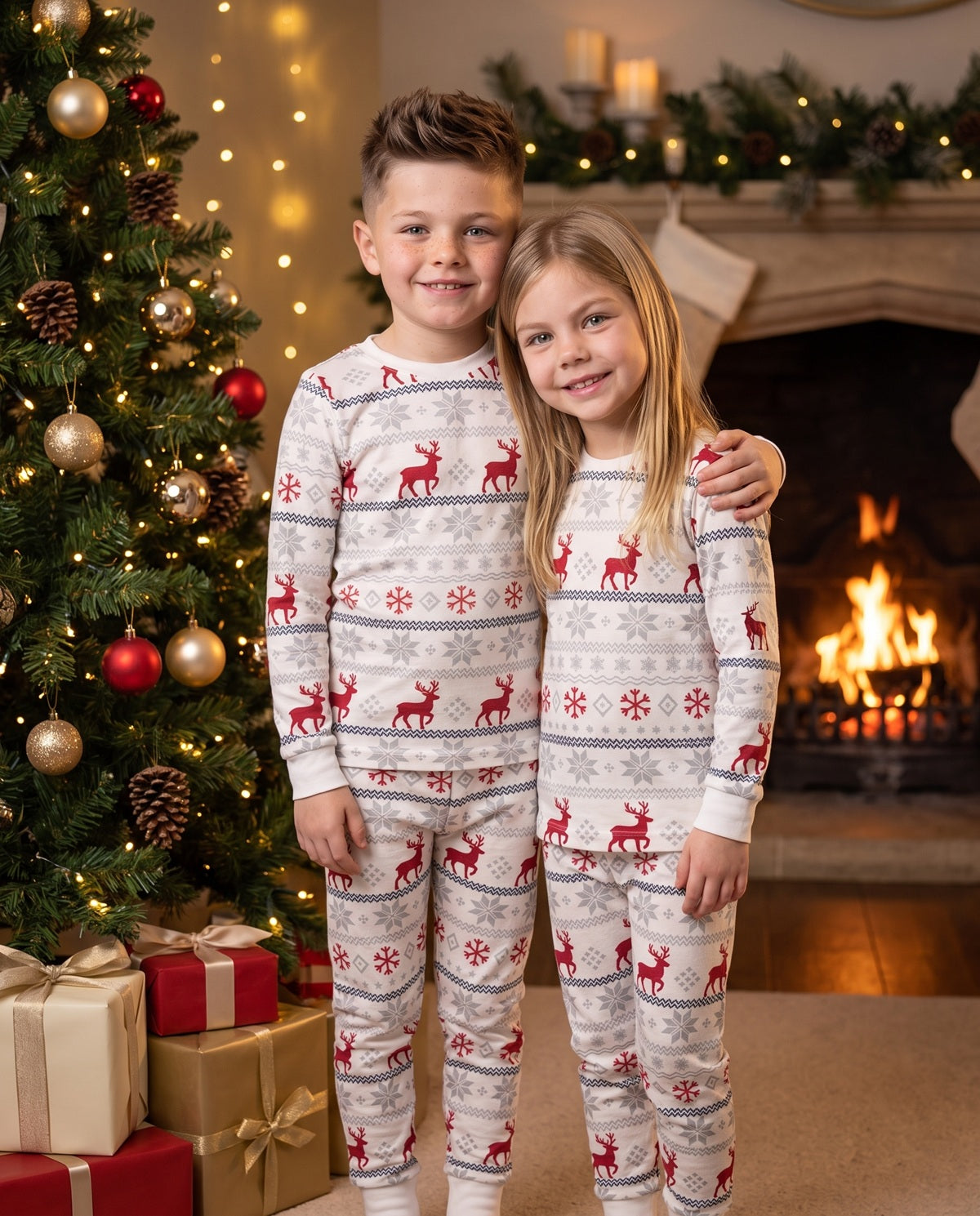 Siblings at Christmas time wearing their Cubwear LUXE Pyjamas. 