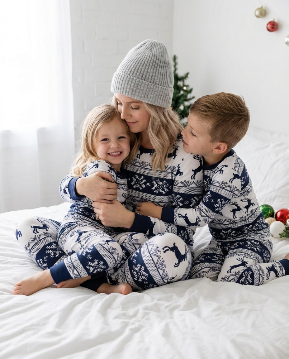 Luxury navy Fair Isle Christmas pyjamas for children by Cubwear designed for festive family matching moments.