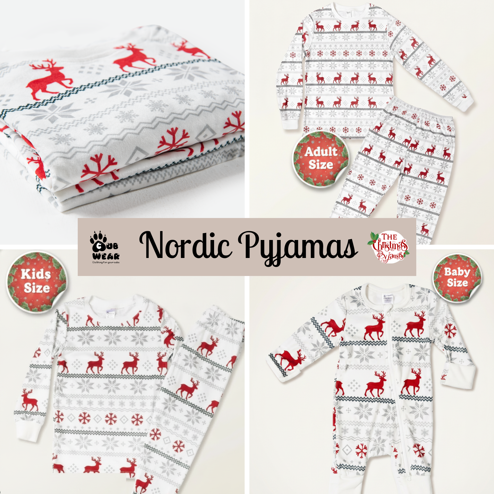 A collage showing four views of Nordic Pujas Christmas pajamas and blankets in white with red reindeer and gray snowflake patterns, with size badges for Kids Size, Adult Size, and Baby Size.
