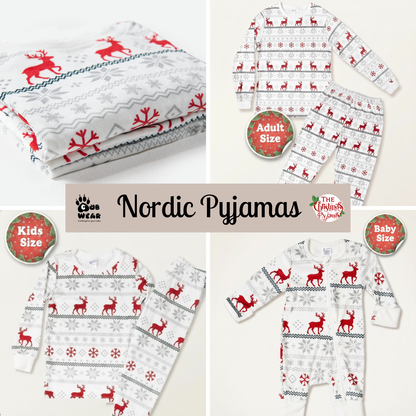 A collage showing four views of Nordic Pujas Christmas pajamas and blankets in white with red reindeer and gray snowflake patterns, with size badges for Kids Size, Adult Size, and Baby Size.