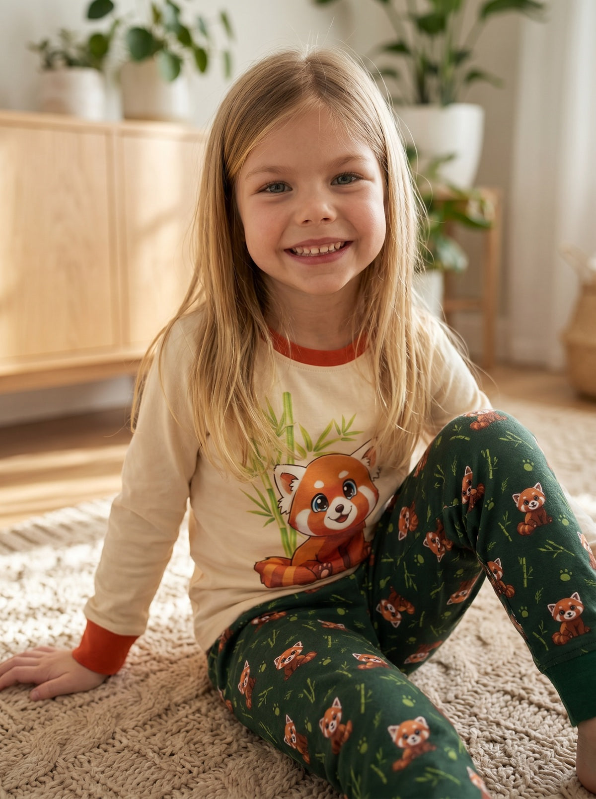 Girl wearing Red Panda cotton pyjamas sitting on a bed in a bright bedroom
