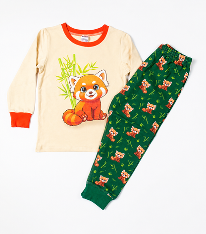 Kids Red Panda pyjama set with cream top and green printed trousers flat lay