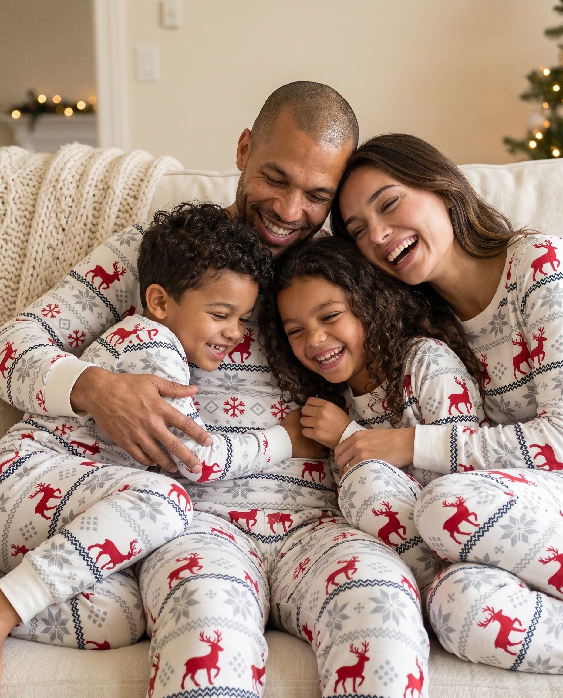 A family of four wearing matching holiday pajamas with a red reindeer and snowflake pattern, sitting together on a white couch in a cozy living room.