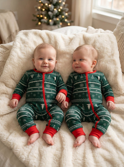 Cute babies in Cubwear green Christmas romper with cosy festive styling for magical family Christmas moments.