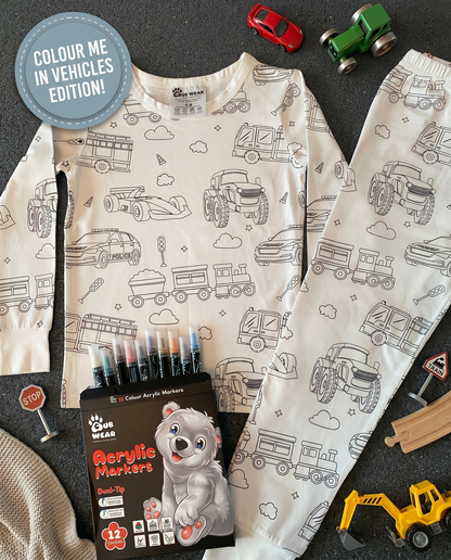 Vehicle Colouring Pyjama set with washable fabric pens and gift packaging