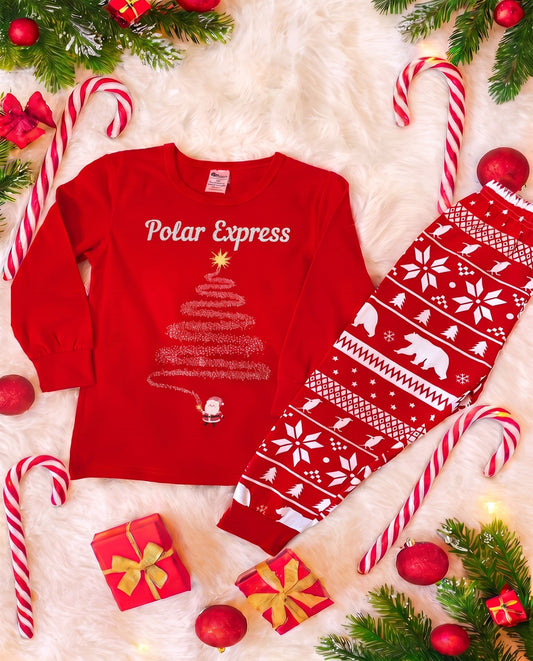 Red Polar Express Christmas pyjama set with white lettering and red-and-white festive patterned trousers.