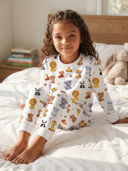 Child wearing white animal print pyjamas relaxing on a bed in a bright bedroom